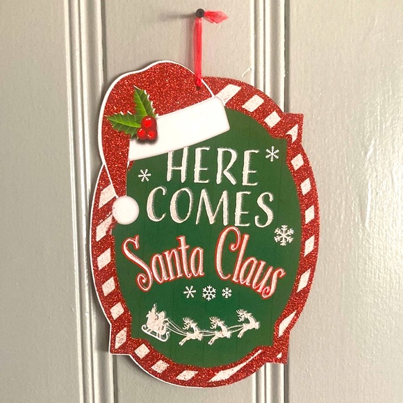 NWT Gleaming Glittered Here Comes Santa Claus Holiday Decoration Sign - Picture 7 of 11